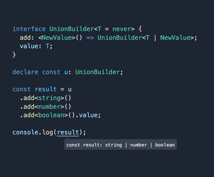 The builder pattern might be the most powerful thing allowed by TypeScript.