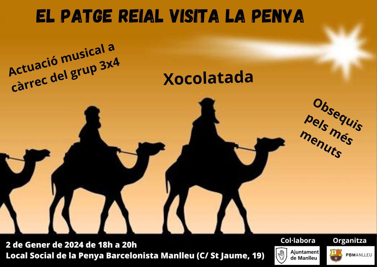 elterpuntnet's tweet photo. 📅AGENDA DEL DIA

Visita del patge reial a la Penya Barcelonista de #Manlleu
Amb actuació musical a càrrec del grup 3x4. Xocolatada i obsequis pels més menuts.

⏰De 18 a 20h, al local de la @PBManlleu 

➡️https://t.co/Rm6sd807uB https://t.co/gopUg25xlL