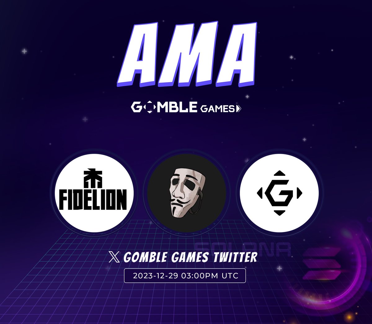 gomblegames's tweet photo. GOMBLE GAMES AMA
with @FidelionNFT, @playtheheist which are the Best Gamefis on Solana!

Don’t forget to join and get a redeem code!

📅 Date: December 29, 3:00PM UTC