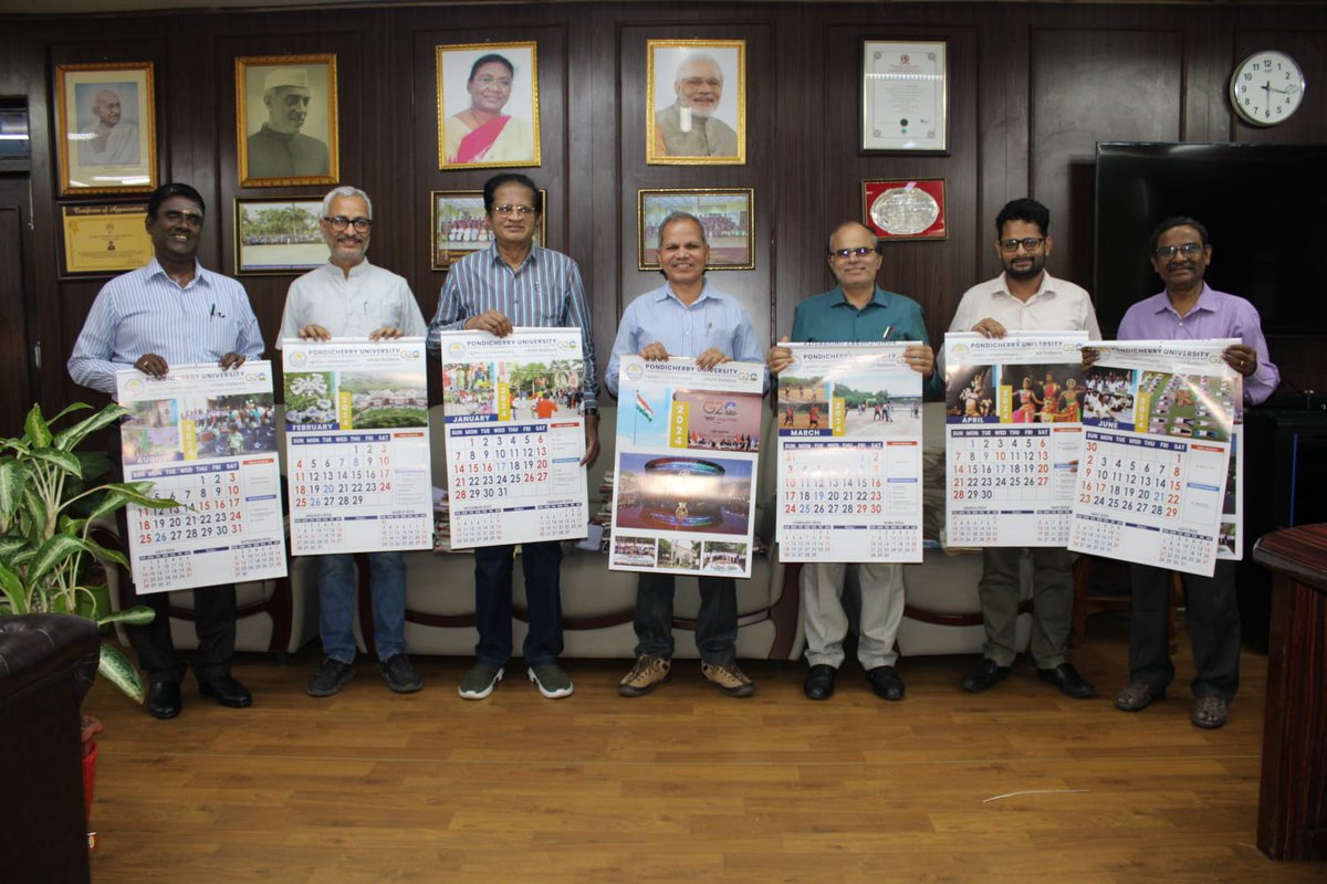 PondiUniVC's tweet photo. Vice-Chancellor Prof. K. Tharanikkarasu released  Pondicherry University Calendar 2024 in the presence of Director (C&amp;CR), Registrar, Finance Officer and  Deputy Registrar (Administration) and Assistant Registrar's of Vice-Chancellor's Secretariat on 27.12.2023. https://t.co/Av0crz5IdK