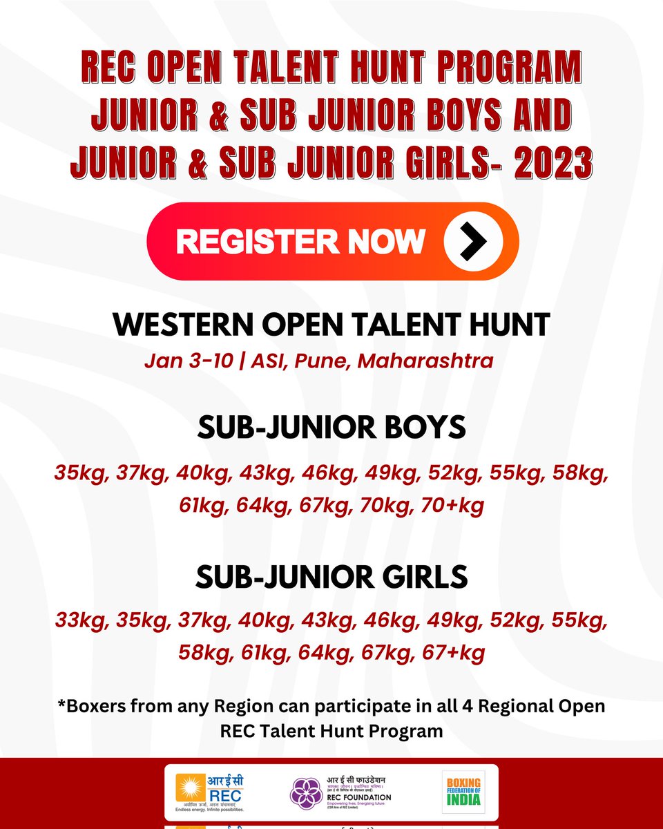 A CHANCE YOU DON'T WANT TO MISS 🥊💪🔥 Register now for the western leg of the REC Open Talent Hunt Programme in Pune, Maharashtra To register: bitly.ws/37oCB