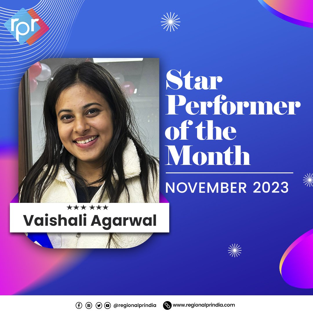 rprindia's tweet photo. November's Brilliance! 💫 Congratulations to Ms. Vaishali Agarwal for being recognized as RPR's Star Performer of the Month. Your dedication is truly inspiring, and we look forward to witnessing your continued success!

#RPRStar #RegionalPR #TeamRPR #DedicationRewarded https://t.co/7zb2LmCGMW