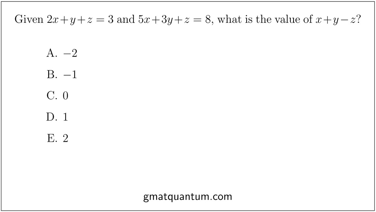 gmatquantum's tweet photo. Try the following GMAT Quantitative Reasoning question on manipulating linear equations to find value of an expression involving three variables. https://t.co/PcNuccHnMx #gmat #gmatprep #gmatpreparation #gmatquant #gmatfocus https://t.co/RFTOJW1Flo