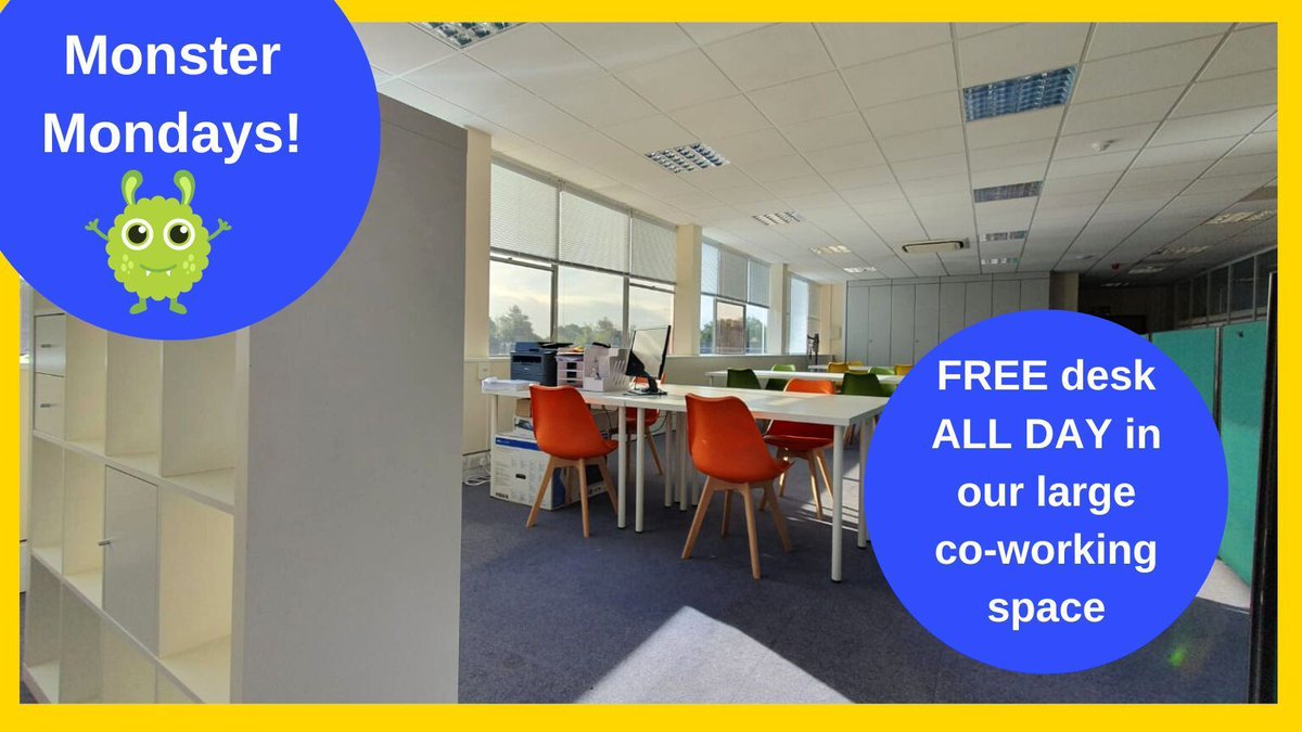 #MonsterMondays at the Aldershot Enterprise Centre!👿

On the first Monday of every month, get a free desk ALL day in our large co-working space with FREE tea and coffee ☕ 

Find out more 👉 buff.ly/49aEUGV 

@rushmoor4biz <a href="/WSXEnterprise/">WSX Enterprise</a> <a href="/davideclifford/">David</a> @IanCambrook