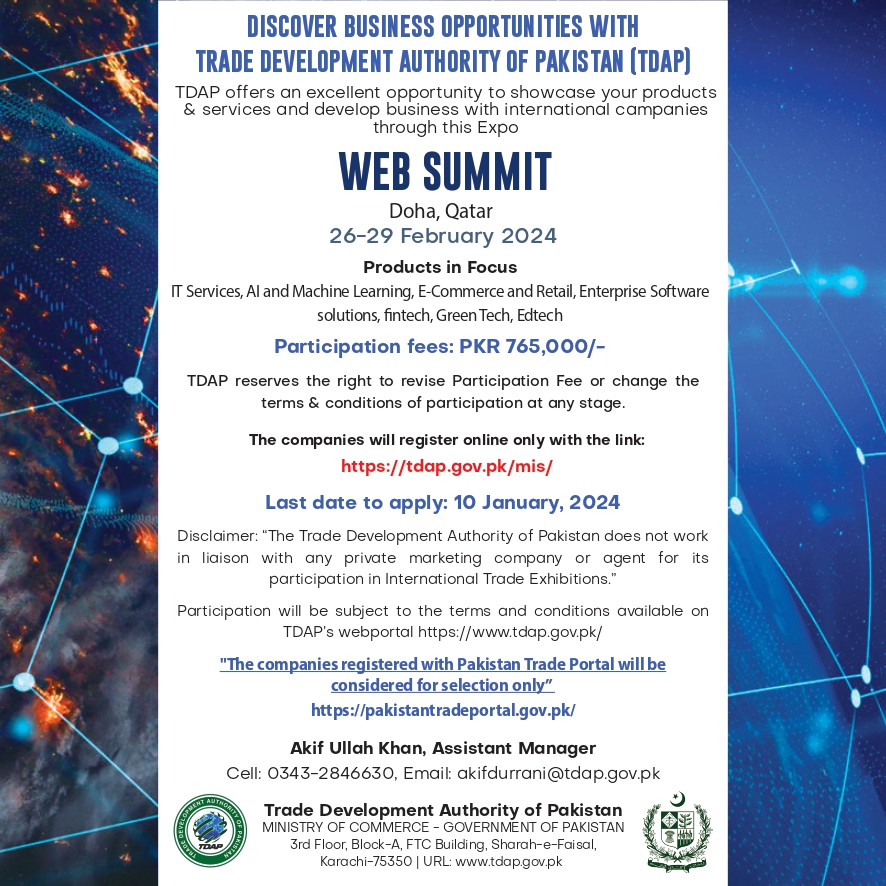A lucrative opportunity for companies in the field of IT Services for networking and growing business at the upcoming event 'Web Summit' in Doha, Qatar. Apply before 10th January, 2024.

#itservices #aicommunity #fintech #fintechtrends #eccommerce #greentech #edtechinnovation