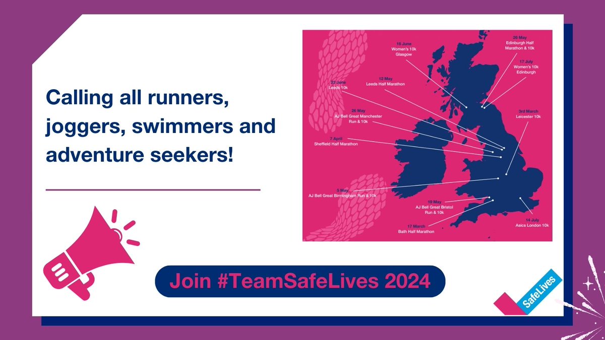 Calling all runners, joggers, swimmers & adventure seekers! We have some amazing fundraising opportunities coming up in 2024. Make amazing memories while supporting our mission to end #DomesticAbuse. See the full list & to register your interest: bit.ly/3Rz1dxX