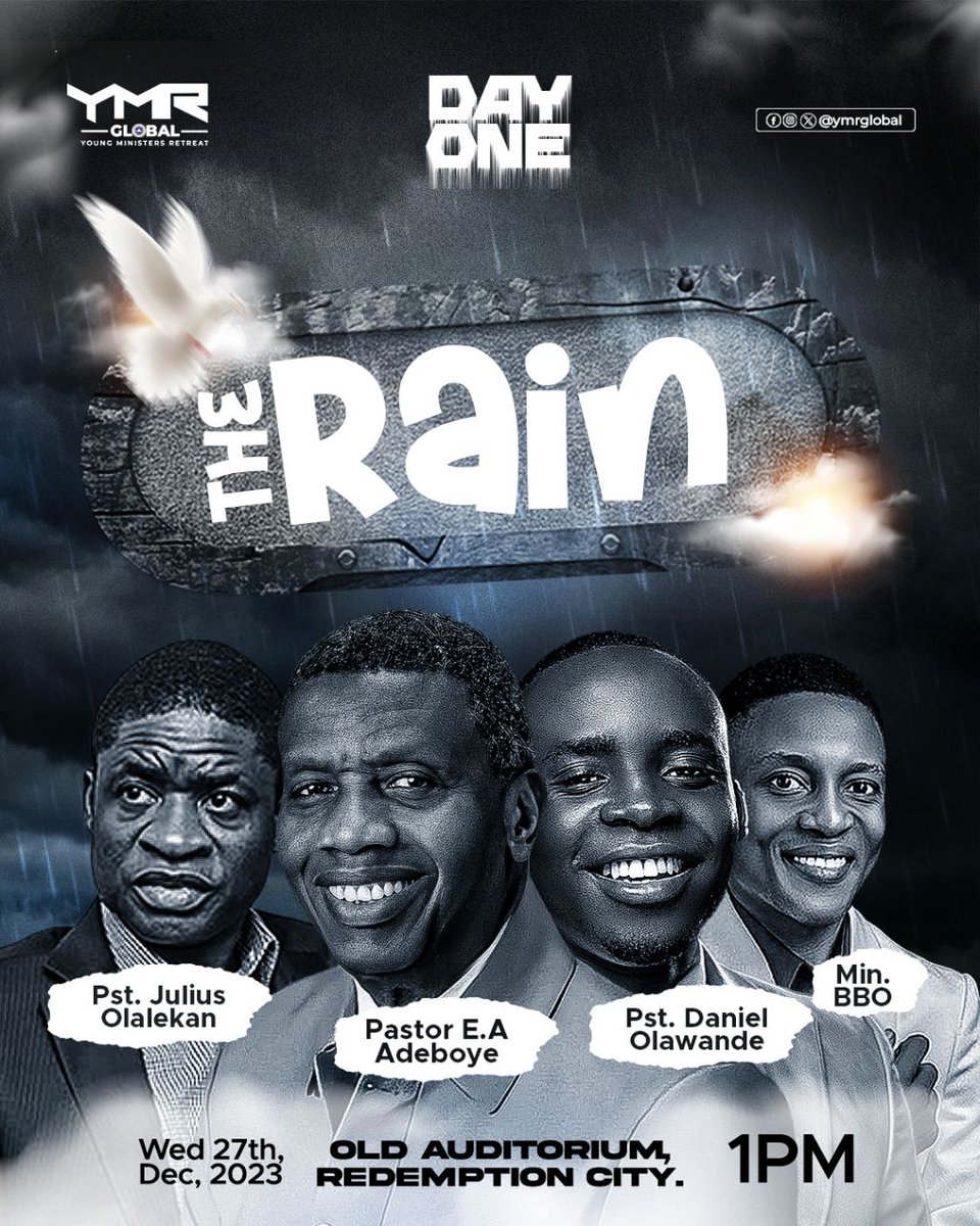 ymrglobal's tweet photo. The Rain has started falling heavily.

Don't miss this destiny opportunity to be wet with God's glory.

Join DAY 1 of the Young Ministers' Retreat 2023, starting by 1pm, today, 27th December, 2023.

Venue is Old Auditorium, Redemption City.

The Rain is here!

#YMR2023
#TheRain https://t.co/2X8VNcnUvz