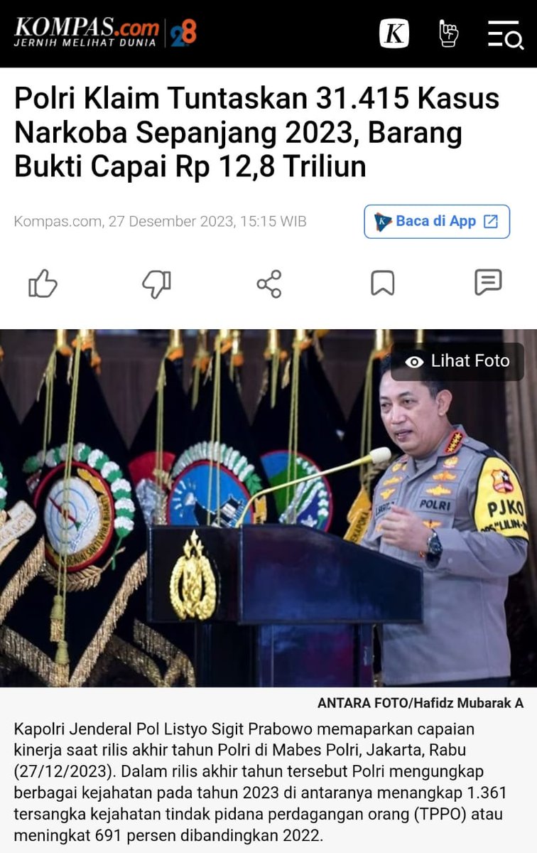 Humanis Tegakan Hukum, polri sampaikan bahwa mampu tuntaskan 31.415 kasus narkoba sepanjang tahun 2023 dengan bukti yang mencapai 12.8T 
#PresisiUntukIndonesia