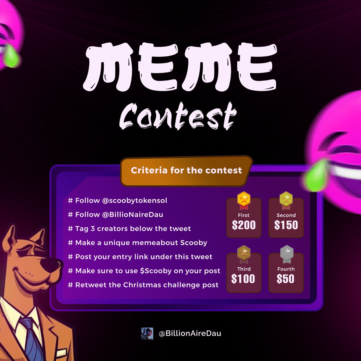 WHOOPING $500 MEME CONTEST 

Fully Sponsorship by @ScoobyTokenSol 

How to Enter;

• Follow the instructions in the image below 

• Like and RT this tweet 

• Tag 3 other meme creators you would like to win 

⏰️ Winners in 72hrs Let’s gooooo