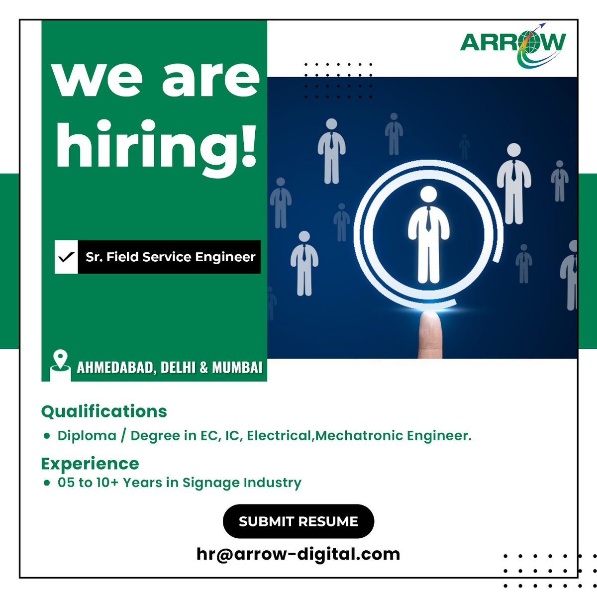 Hiring Alert!

We are hiring 𝐒𝐫. 𝐅𝐢𝐞𝐥𝐝 𝐒𝐞𝐫𝐯𝐢𝐜𝐞 𝐄𝐧𝐠𝐢𝐧𝐞𝐞𝐫 for Ahmedabad, Delhi and Mumbai Branch!

Interested candidates can email their resumes to hr@arrow-digital.com.

#arrowdigital #serviceengineer #fieldserviceengineer #engineer #hiringalert #urgently