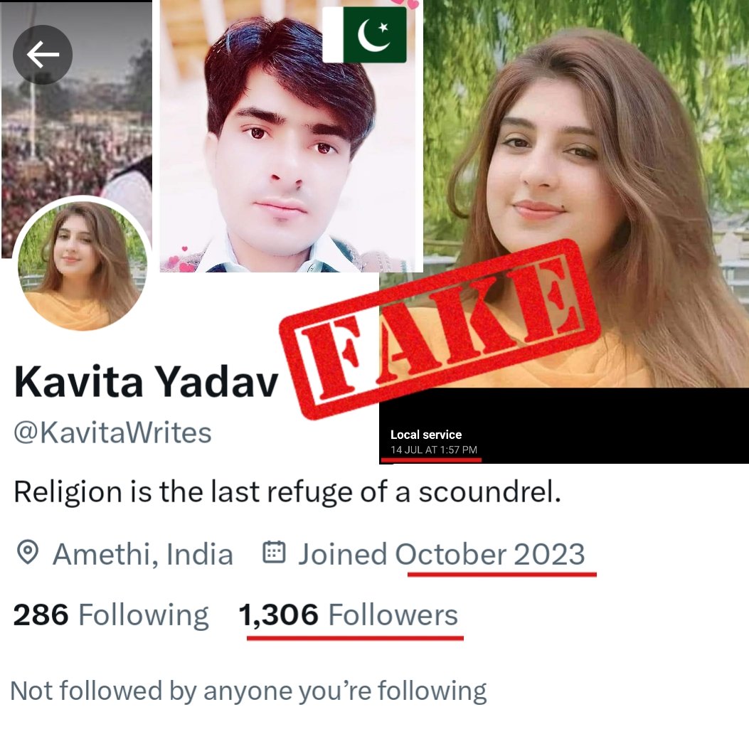 TheProfessorCR's tweet photo. No matter if you are a congress supporter or a BJP supporter.
It is for all my fellow Indians. There has been an infiltration in our Facebook, Instagram and X (Twitter). Anti Indians have infiltrated our social media. They have created fake Insta IDs, FB pages and Twitter handles mostly with Hindu names as it will directly connect that profile with India. It is to create a rift between us and to defame Indians internationally. I see many fake posts, Pictures and IDs circulating everyday. 
I don't want to write a long post I just want to say don't follow any random faceless handle or ID without checking. 
Yesterday this Kavita Yadav handle posted an old video to provoke people online and when I searched I found this page is using a fake profile photo from Facebook however that page is also a fake ID, He is most likely a Pakistani working in Riyadh, Saudi Arabia as per that page. There are many like this, Similarly they have also created fake Indian IDs to target Israeli people and Israeli IDs to target Indian people however when you search for them you find the same Anti Indian lobby behind it.
Jai Hind 🙏🏻
@Starboy2079 @thehawkeyex @HananyaNaftali @Shehzad_Ind
#FakeID #Hindu #India #Israel
 #IndiaIsraelFriendship #KavitaYadav