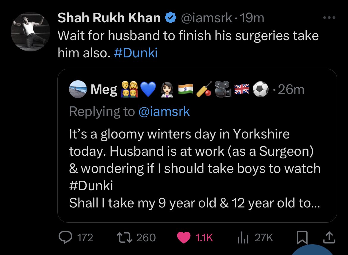 Megsenmumdr's tweet image. My plans for today made by the Badshah himself๐ฎ
Fan girl in me went๐คฉ,from watching him in Deewana,to watching Baazigar 60 times as a teen,to recreating SRK songs during pandemic&watching Pathaan in theatres with family, we r off to watch #Dunki today-@iamsrk u r a true superโญ๏ธ