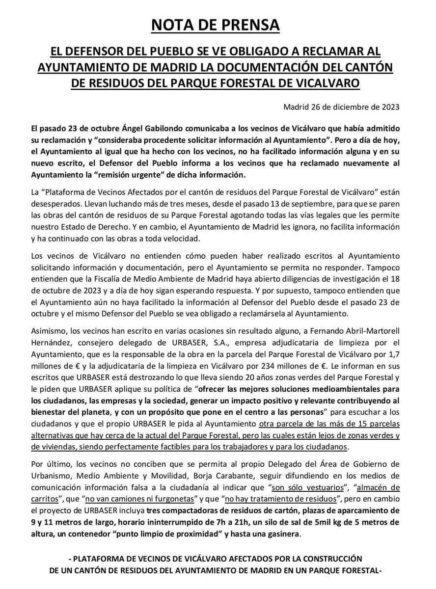 NOCantonVicalv's tweet photo. Hasta el Defensor del Pueblo @DefensorPuebloE se ve obligado a reclamar al Ayuntam @MADRID que le facilite la información pedida hace más de 2 meses!! Esto es transparencia?? @bcarabante @Mtnezparamo  @carlosizqtorres @AlmeidaPP_ @IdiazAyuso ?? Aquí la NOTA de PRENSA!! 👇👇 https://t.co/xoNpvYnTTk
