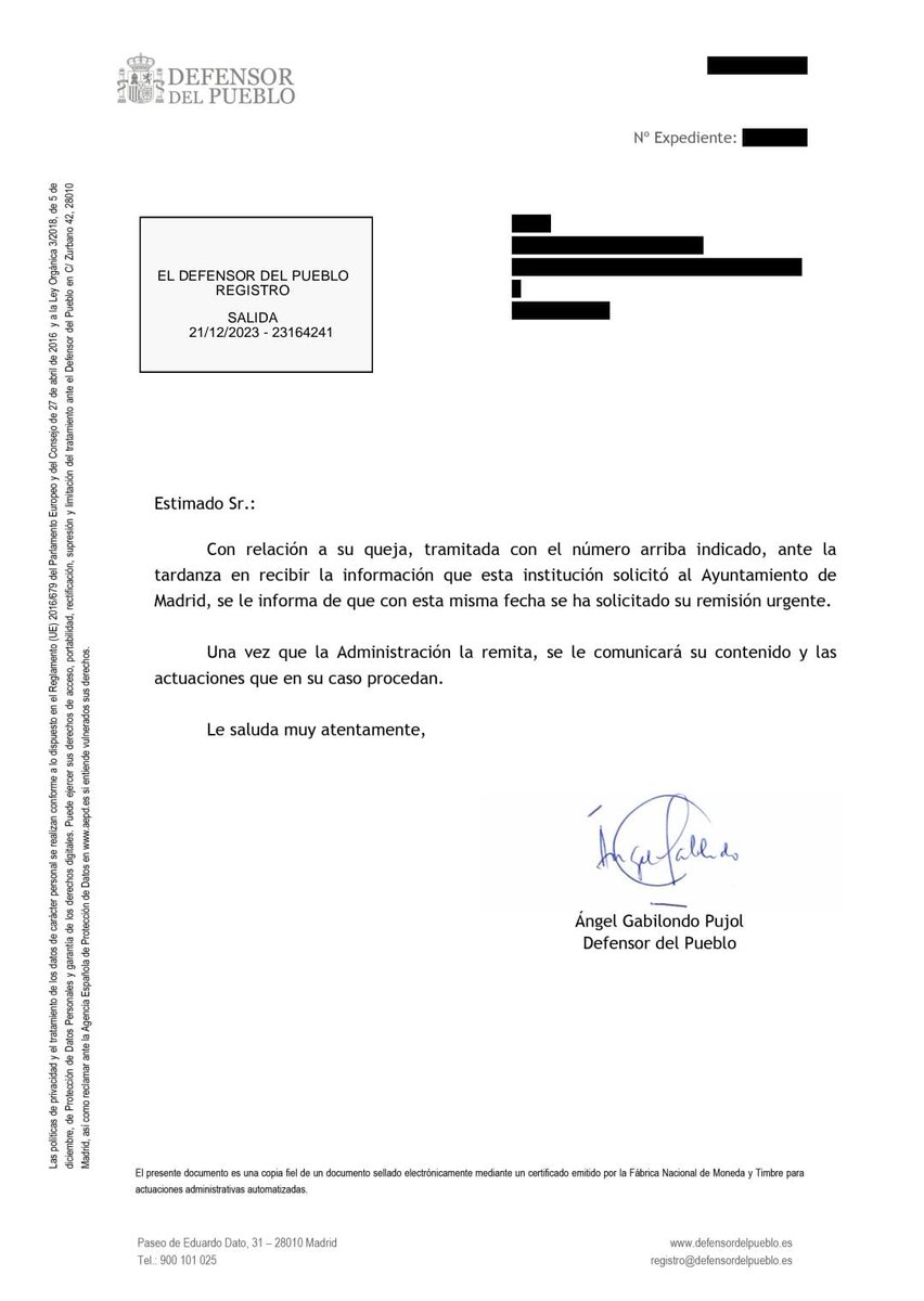 NOCantonVicalv's tweet photo. Hasta el Defensor del Pueblo @DefensorPuebloE se ve obligado a reclamar al Ayuntam @MADRID que le facilite la información pedida hace más de 2 meses!! Esto es transparencia?? @bcarabante @Mtnezparamo  @carlosizqtorres @AlmeidaPP_ @IdiazAyuso ?? Aquí la NOTA de PRENSA!! 👇👇 https://t.co/xoNpvYnTTk