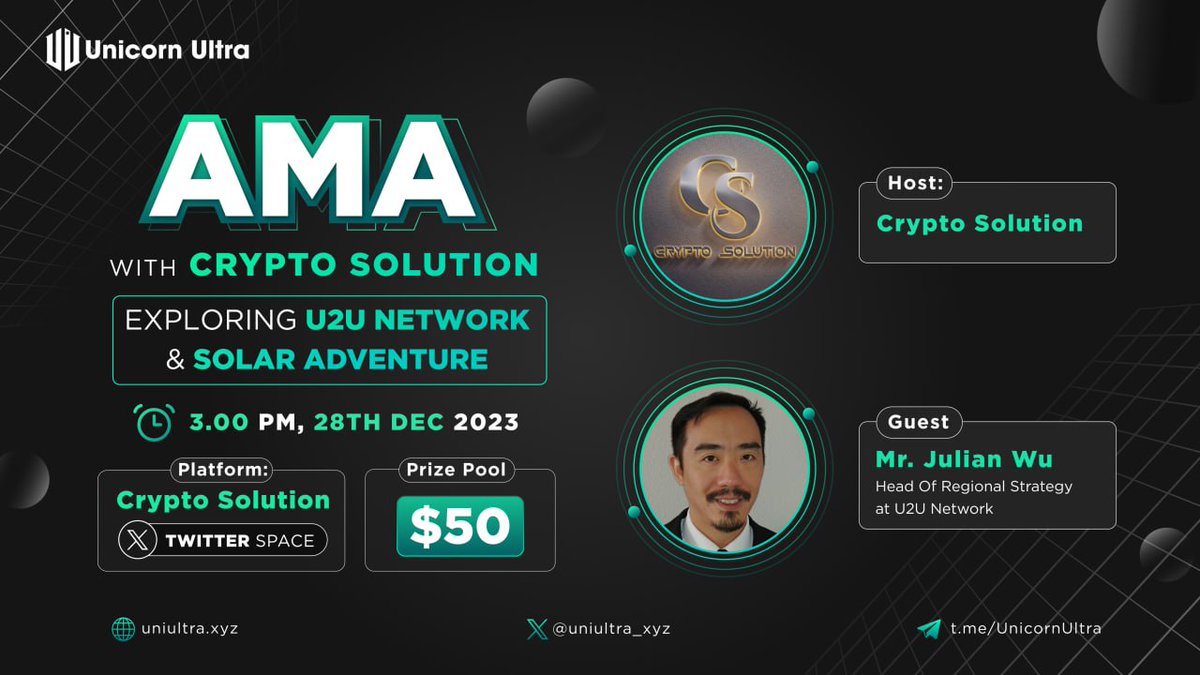 CryptoSolutionG's tweet photo. 🔊 #TwitterSpaceAMA Crypto Solution Glad To Announce AMA with U2U NETWORK  

⏰ Date & Time: 28/12/23 AT 03PM UTC

💰Rewards Pool: $50 USDT

🏠Venue: https://t.co/6MkHSwJK4h

🎙 𝗦𝗲𝘁 𝗿𝗲𝗺𝗶𝗻𝗱𝗲𝗿 :
https://t.co/Y5HWznbWFW

〽️Rules: 

1⃣ Follow @CryptosolutionG and @uniultra_xyz

2⃣ Like & Retweete 

3⃣ Comment Questions & Tag 3 Friend