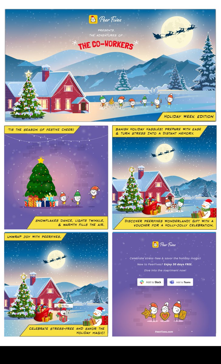 Join the peerfives party in our Holiday Week Edition Comic! Celebrate the season with teamwork, gratitude, and a sprinkle of humor. Visit now: PeerFives.com. #holidayseason #employeeengagement #christmaslights #rewardandrecognition #rewardemployee #peerfives
