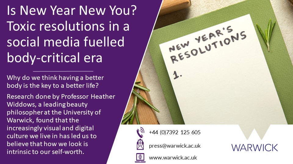 warwicknewsroom's tweet photo. 📰PRESS RELEASE: Is New Year New You? Toxic resolutions in a social media fuelled body-critical era

@uniofwarwick #NewYearsResolution #philosophy #beauty #mentalhealth #research 

👉https://t.co/GmwSqxHkP8 https://t.co/holqOUzJI2