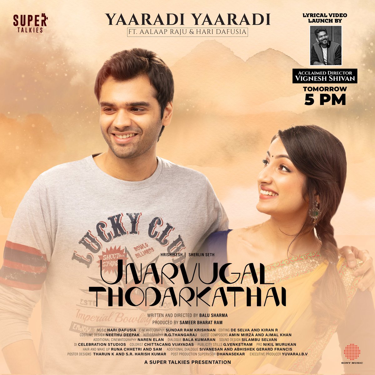 Stay tuned for the breezy #YaaradiYaaradi lyrical video from #UnarvugalThodarkathai set to be launched by <a href="/VigneshShivN/">Vignesh Shivan</a> at 5 PM TOMORROW ❤️

<a href="/hrishikeshkk/">Hrishikesh 🇮🇳</a> @sherlinseth <a href="/dafusiamusic/">dafusia</a> <a href="/KoSesha/">Ko Sesha</a>
<a href="/RajeshkumarJK/">Jay Ka Ra</a>
<a href="/sameerbr/">sameer Bharat ram</a> <a href="/balusharma14/">balu sharma</a> 
<a href="/supertalkies/">Supertalkies</a>