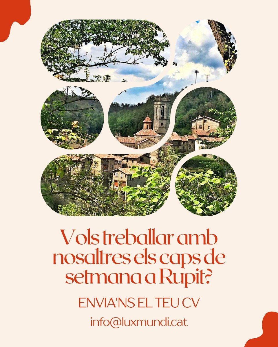 luxmundi_cat's tweet image. Vols treballar amb nosaltres els caps de setmana a #Rupit?
Envia'ns el teu CV a info@luxmundi.cat