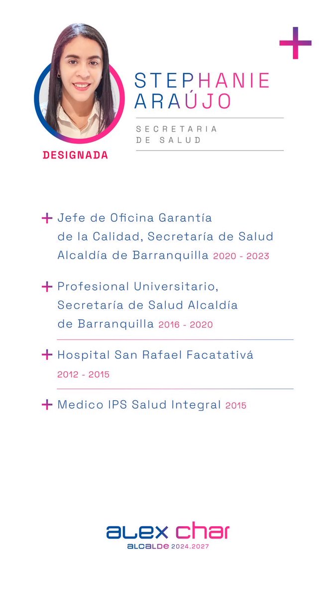 AlejandroChar's tweet photo. ¡Los jóvenes tienen su espacio en nuestra Alcaldía! Stephanie Araújo es la nueva secretaria de salud de Barranquilla.

En el 2016 ingresó como profesional universitaria de la secretaría de salud; por su gran trabajo, pasó a ser Jefe de Garantía de Calidad y ahora asumirá como Secretaria de Salud.

Esta joven funcionaria de 34 años pertenece a las nuevas generaciones de profesionales que se vinculan al sector público. Su escogencia representa las oportunidades que la administración tiene para toda nuestra cantera barranquillera que estudia, se esfuerza y se prepara con miras a grandes retos.

La nueva secretaria de salud tendrá como tarea principal seguir consolidando el modelo de salud de Barranquilla, fortaleciendo la atención a los usuarios y trabajando en la prevención y protección de la salud con el contacto directo de toda nuestra gente.