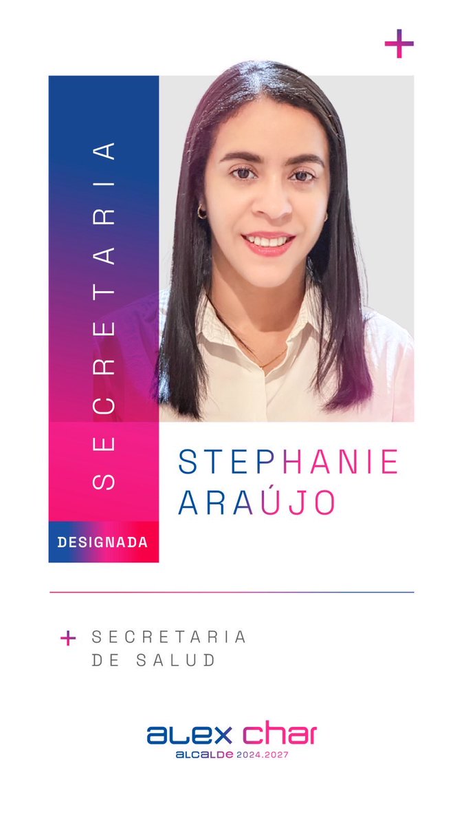 AlejandroChar's tweet photo. ¡Los jóvenes tienen su espacio en nuestra Alcaldía! Stephanie Araújo es la nueva secretaria de salud de Barranquilla.

En el 2016 ingresó como profesional universitaria de la secretaría de salud; por su gran trabajo, pasó a ser Jefe de Garantía de Calidad y ahora asumirá como Secretaria de Salud.

Esta joven funcionaria de 34 años pertenece a las nuevas generaciones de profesionales que se vinculan al sector público. Su escogencia representa las oportunidades que la administración tiene para toda nuestra cantera barranquillera que estudia, se esfuerza y se prepara con miras a grandes retos.

La nueva secretaria de salud tendrá como tarea principal seguir consolidando el modelo de salud de Barranquilla, fortaleciendo la atención a los usuarios y trabajando en la prevención y protección de la salud con el contacto directo de toda nuestra gente.