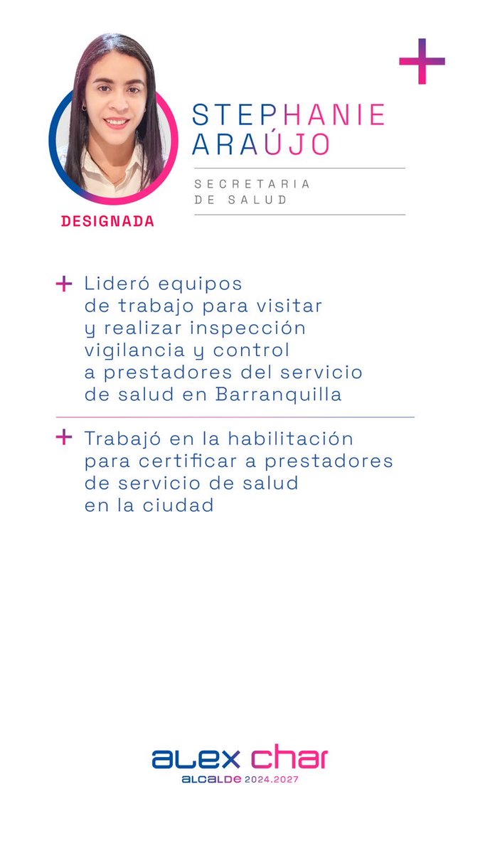 AlejandroChar's tweet photo. ¡Los jóvenes tienen su espacio en nuestra Alcaldía! Stephanie Araújo es la nueva secretaria de salud de Barranquilla.

En el 2016 ingresó como profesional universitaria de la secretaría de salud; por su gran trabajo, pasó a ser Jefe de Garantía de Calidad y ahora asumirá como Secretaria de Salud.

Esta joven funcionaria de 34 años pertenece a las nuevas generaciones de profesionales que se vinculan al sector público. Su escogencia representa las oportunidades que la administración tiene para toda nuestra cantera barranquillera que estudia, se esfuerza y se prepara con miras a grandes retos.

La nueva secretaria de salud tendrá como tarea principal seguir consolidando el modelo de salud de Barranquilla, fortaleciendo la atención a los usuarios y trabajando en la prevención y protección de la salud con el contacto directo de toda nuestra gente.