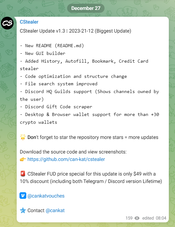 suyog41's tweet photo. CStealer

CStealer update

Telegram Channel
https://t[.]me/s/cstealerr
https://t[.]me/s/cankatvouches
https://t[.]me/cankat

Git
https://github[.]com/can-kat/cstealer

#CStealer #Stealer #IOC https://t.co/tzIJpEimzD