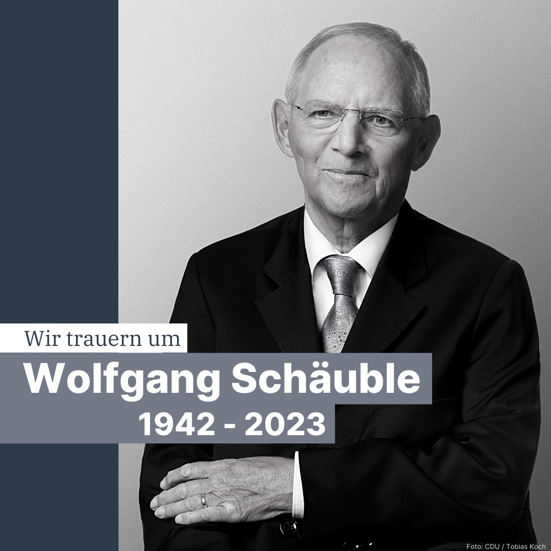 Die CDU Deutschlands trauert um Dr. Wolfgang #Schäuble. Mit ihm verliert unser Land einen integren, klugen, scharfsinnigen und leidenschaftlichen Vordenker, einen unermüdlichen Werber für die Demokratie und einen gewissenhaften und pflichtbewussten Diener unseres Staates.