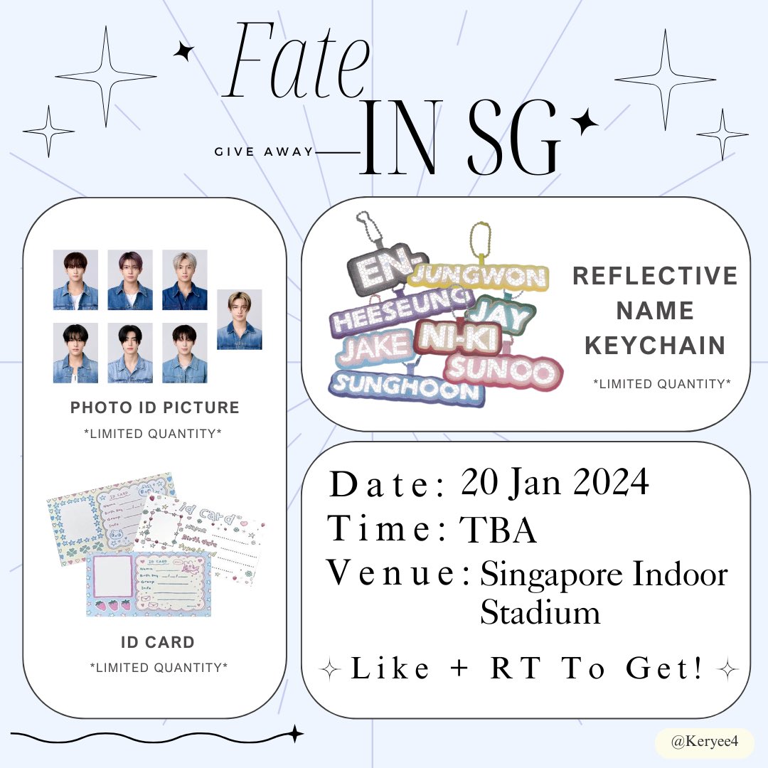 ◞♡˚ ·₊˚ help rt ෆ ) ୨୧ . ˚ 

🤍freebies for FATE in SG🤍
by: @Keryee4 

🗓️20 Jan 2024(day 1)
🧷Singapore Indoor Stadium
🕐 Tba

^•͈༝•^ฅ rt+like+show this twt
^•͈༝•^ฅ 1: 1 ratio, limited qty
^•͈༝•^ฅ dm to trade><

 #FATE_IN_SINGAPORE #FATE_IN_ASIA #ENHYPEN #엔하이픈