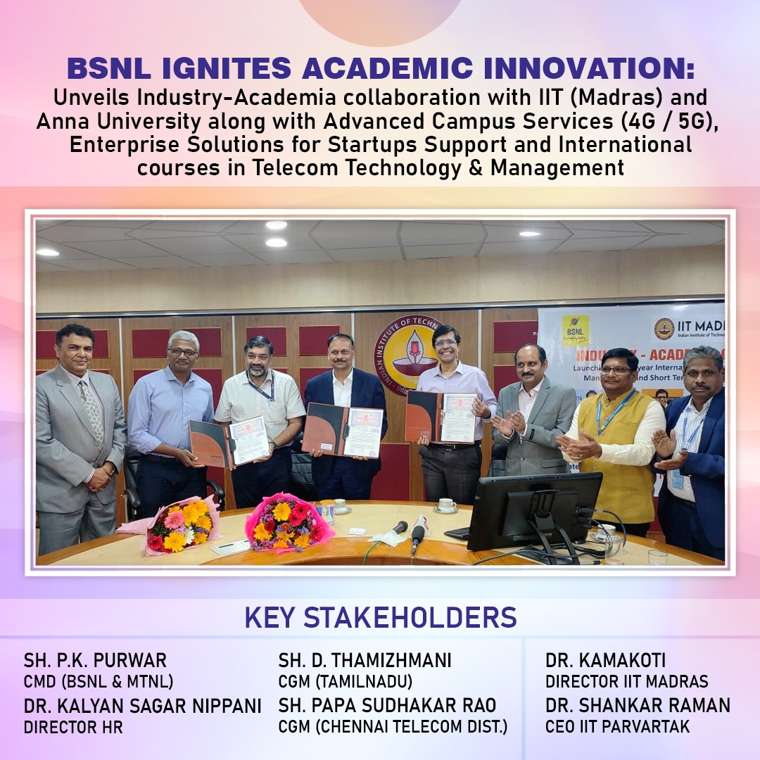 #BSNL pioneers academic innovation! Partnering with IIT-Madras and Anna University, Chennai for groundbreaking collaboration with advanced campus services (4G/5G), enterprise solutions startups & international trainings to achieve Digital India Vision of the country. #MoU