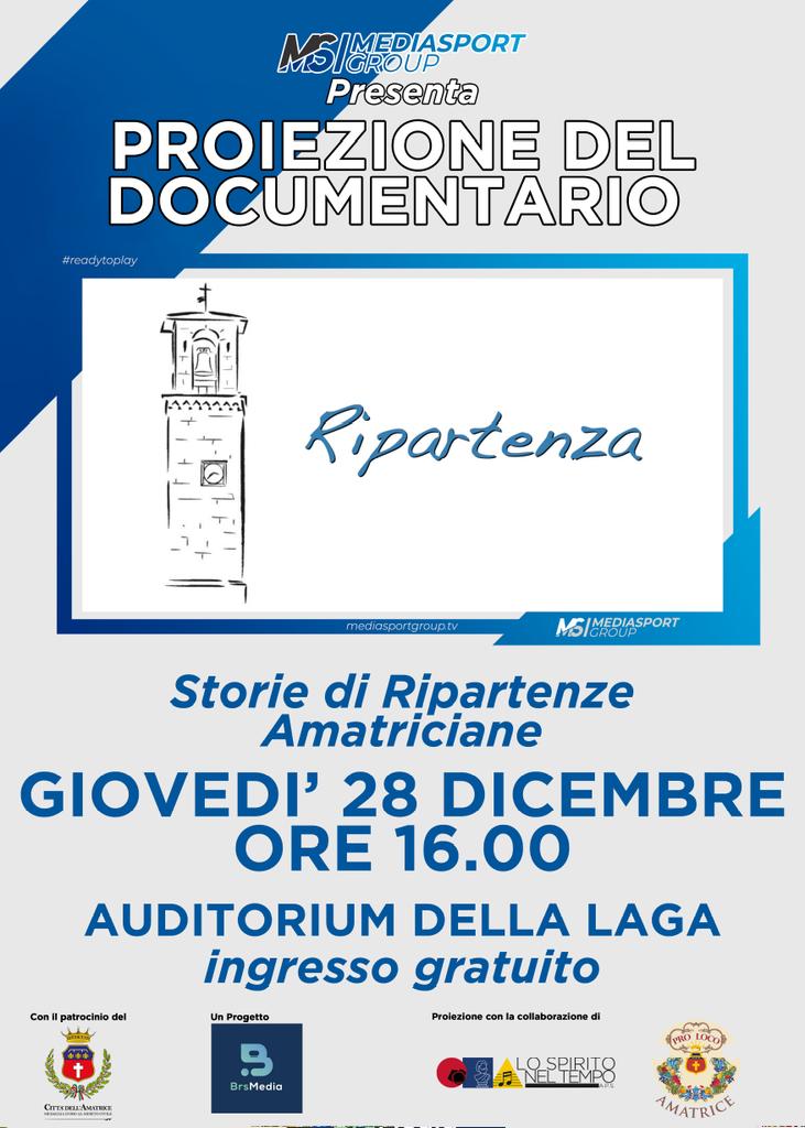 𝐏𝐫𝐨𝐢𝐞𝐳𝐢𝐨𝐧𝐞 𝐃𝐞𝐥 𝐃𝐨𝐜𝐮𝐦𝐞𝐧𝐭𝐚𝐫𝐢𝐨 "𝐑𝐢𝐩𝐚𝐫𝐭𝐞𝐧𝐳𝐚" 
𝐒𝐭𝐨𝐫𝐢𝐞 𝐝𝐢 𝐫𝐢𝐩𝐚𝐫𝐭𝐞𝐧𝐳𝐞 𝐀𝐦𝐚𝐭𝐫𝐢𝐜𝐢𝐚𝐧𝐞
 realizzato ad Amatrice da MSI Mediasport Group e BRS Media da un idea di <a href="/MrCaruccio/">Antonio Caruccio</a>
Giovedì 28 Dicembre ore 16.00Auditorium della Laga
