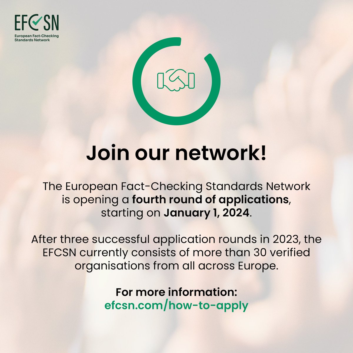 Join us! 🤝 The EFCSN is opening a fourth round of applications on January 1, 2024 for European fact-checking organisations. Those interested in joining the EFCSN can submit their applications until January 31, 2024. 📅 ℹ️ More info 👇 efcsn.com/app-round-4/