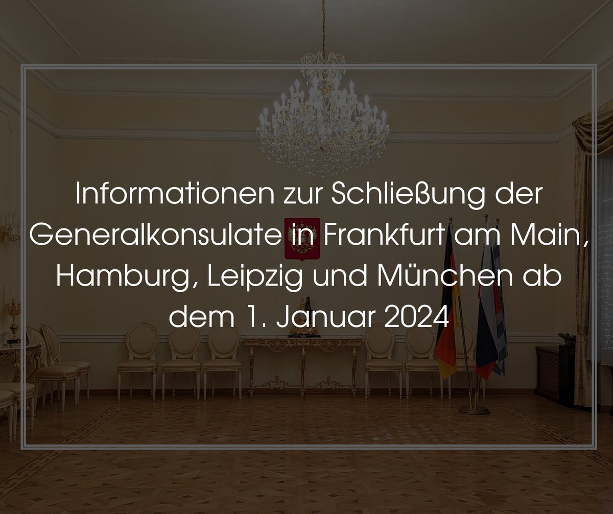 Sehr geehrte Staatsbürger Russlands und Landsleute, liebe Freunde,
hier finden Sie Informationen zu der Schließung der Generalkonsulate in Frankfurt am Main, Hamburg, Leipzig und München ab dem 1. Januar 2024: bit.ly/4azfIe0