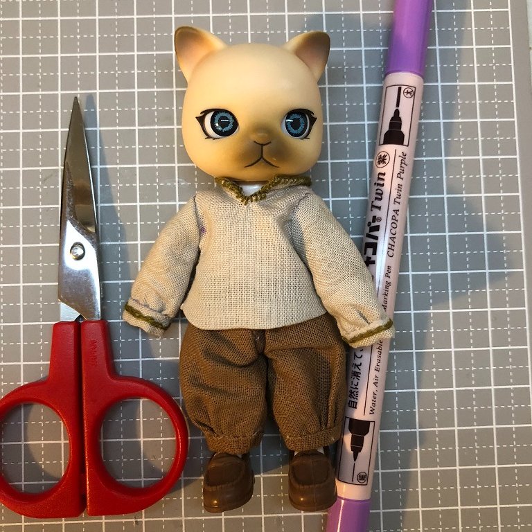 型紙から作り、拙いながらも刺繍を入れて作った服が、袖が長すぎて失敗作に！
襟の形もいまいちだったから作り直すきっかけになった😿
それにしても写真を縮小すると、実際より布目が粗く見えるのが不思議。肉眼で見えてないだけで、こんなものなのかなぁ？
#セリアドール 
#ドル活
#自作ドール服
