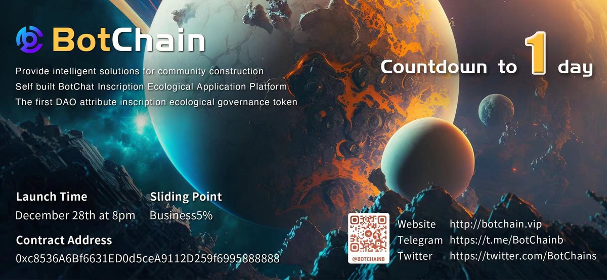 BotChains's tweet photo. 🎊The first #DAO attribute #inscription proxy #token #Botchain
Launch time: 20:00 on December 28
🎉#Contract address: 0xc8536A6Bf6631ED0d5ceA9112D259f6995888888✨
Link https://t.co/vkIDgb9z7U🎁 to join.#defi #BNB #bsc #ai #system #Decentralization https://t.co/C5jXf5S1as