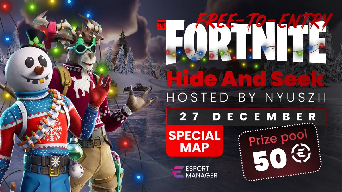 Join us on December 27 ⭐ in the world of Fortnite Hide and Seek!
Bring your holiday spirit 🎄 and play with us on these chilly days!
🎮 JOIN NOW 🎮
esportmanager.com/tournaments/65…
tiktok.com/@esportmanager…
#fornite #christmas #games #Esportmanager
