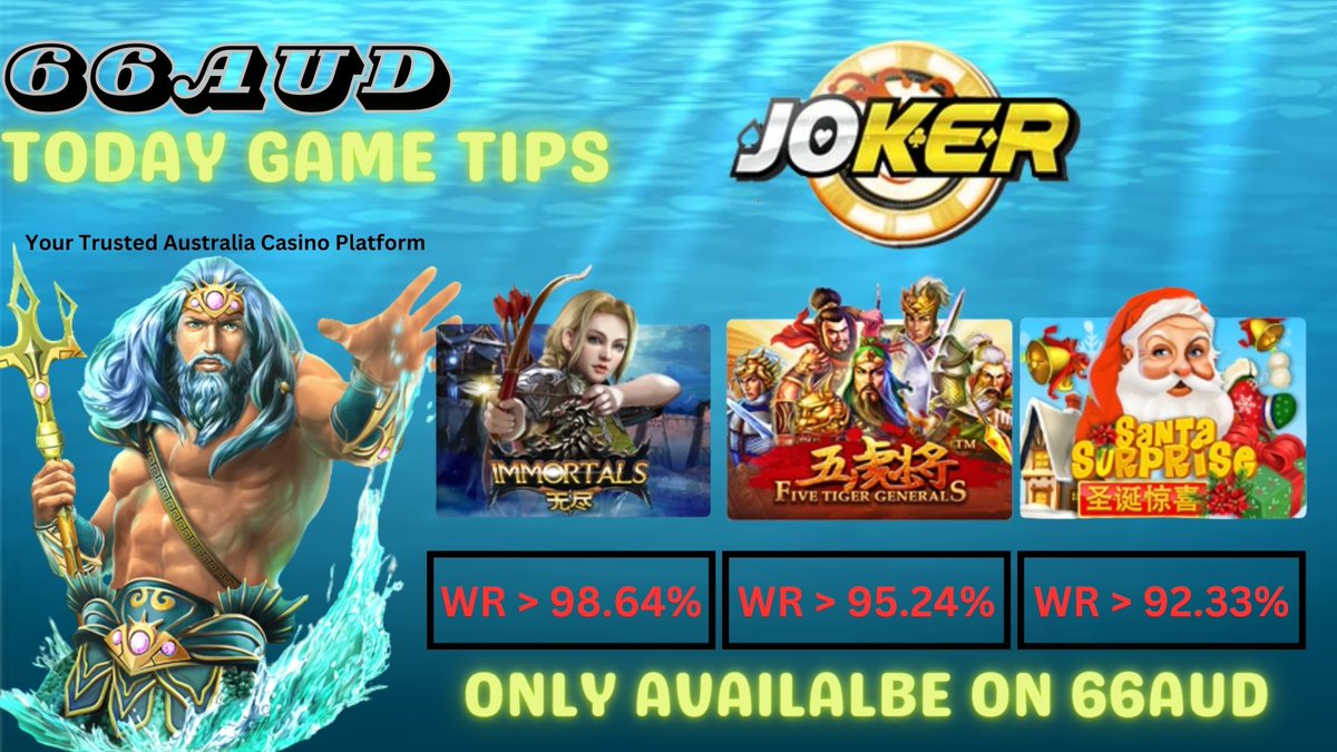 66AUD_official's tweet photo. 🌊 GAME TIPS ✨Joker✨ TONIGHT 🌊
------------------------------------------
🇦🇺 Website : https://t.co/f7a7PPDGGV 🇦🇺
------------------------------------------
🤩 Win Rates 🤩
✨Immortals ( 95.49% )
✨Five Tiger Generals ( 95.24% )
✨Santa Surprise ( 92.33% ) https://t.co/uvQfEo58Mt