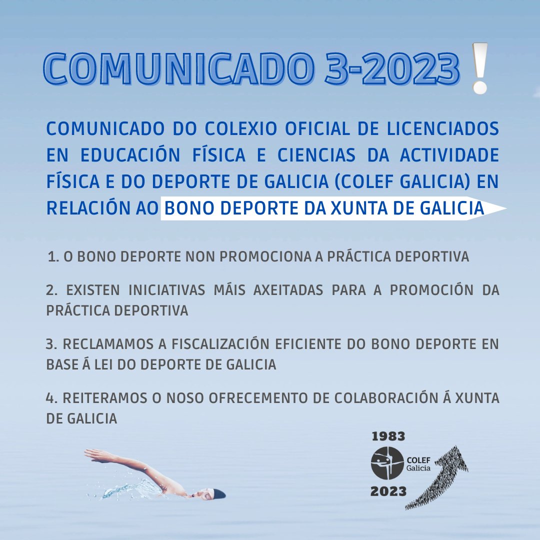 📢COMUNICADO DO COLEXIO OFICIAL DE LICENCIADOS EN EDUCACIÓN FÍSICA E CIENCIAS DA ACTIVIDADE FÍSICA E DO DEPORTE DE GALICIA (COLEF GALICIA) EN RELACIÓN AO BONO DEPORTE DA XUNTA DE GALICIA ❗

Accede ao comunicado completo 👇🏽
colefgalicia.com/comunicado-3-2…