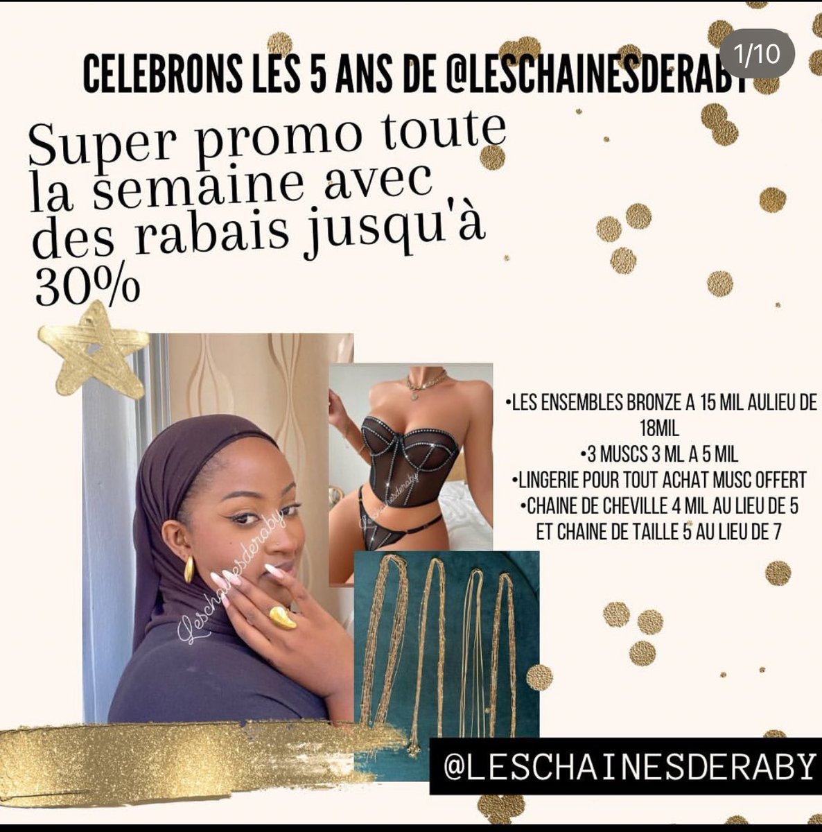 Hello les amis, cette semaine degniy anniversaire def promo you nekh, vos muscs préférés sont à 5000 les trois flacons, lingerie yi 9000 bolessi niou meyleu musc, bijoux yi -20% sur la plupart des pièces, chaine de taille 5000 eh chaine cheville 4000 ak yenen you nekh