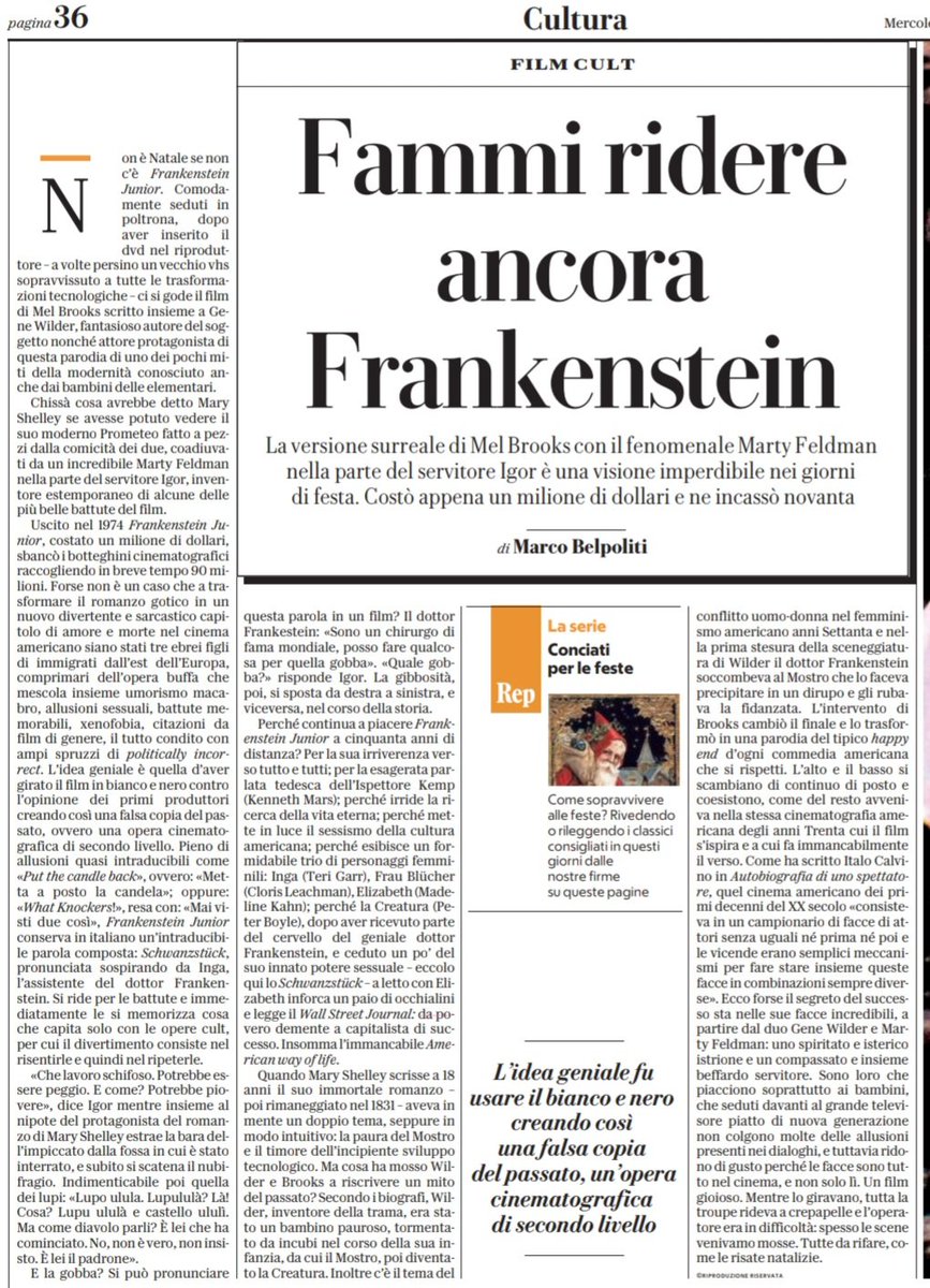 50 anni di #FrankensteinJunior, un film gioioso. Mentre lo giravano tutta la troupe rideva a crepapelle e l'operatore era in difficoltà. Il pezzo di #MarcoBelpoliti su Repubblica di oggi 👇🏽 #rassegnastampa