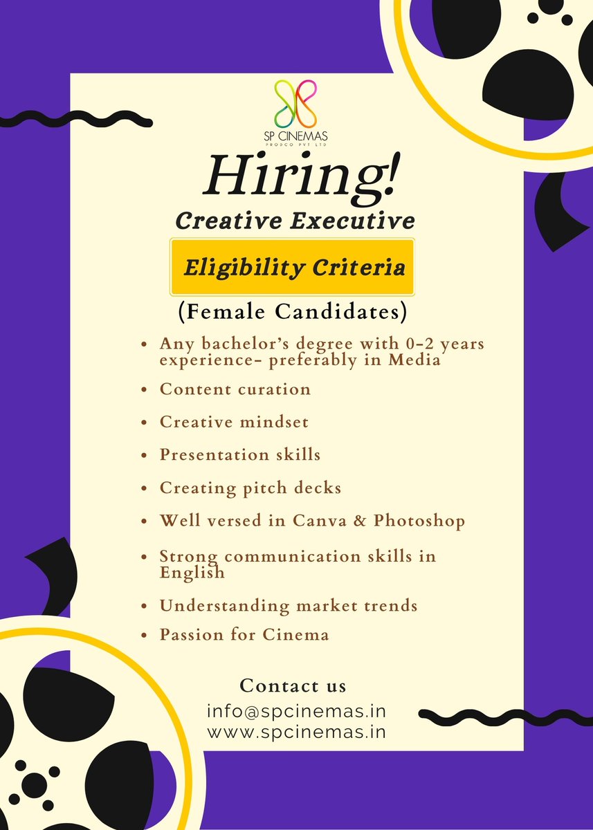 ATTENTION! We are hiring! drop your resume to info@spcinemas.in #Productionhouse #SPCinemas #Hiring #joboffers