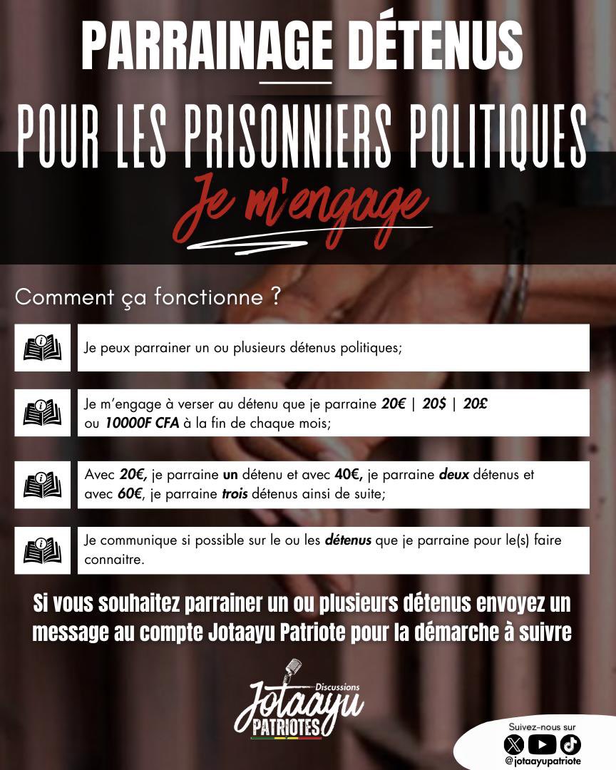 Adji Dj (@adji_dj2024) on Twitter photo Max de partage 🚨🚨
Après  le parrainage de BDF, place au parrainage des détenus politiques.
Il ne reste que plus que quelques mois donc essayons de rendre cette fin de détention agréable pour nos amis détenus.
En parrainant un détenu,je m’engage à verser au détenu que je Max de partage 🚨🚨
Après  le parrainage de BDF, place au parrainage des détenus politiques.
Il ne reste que plus que quelques mois donc essayons de rendre cette fin de détention agréable pour nos amis détenus.
En parrainant un détenu,je m’engage à verser au détenu que je