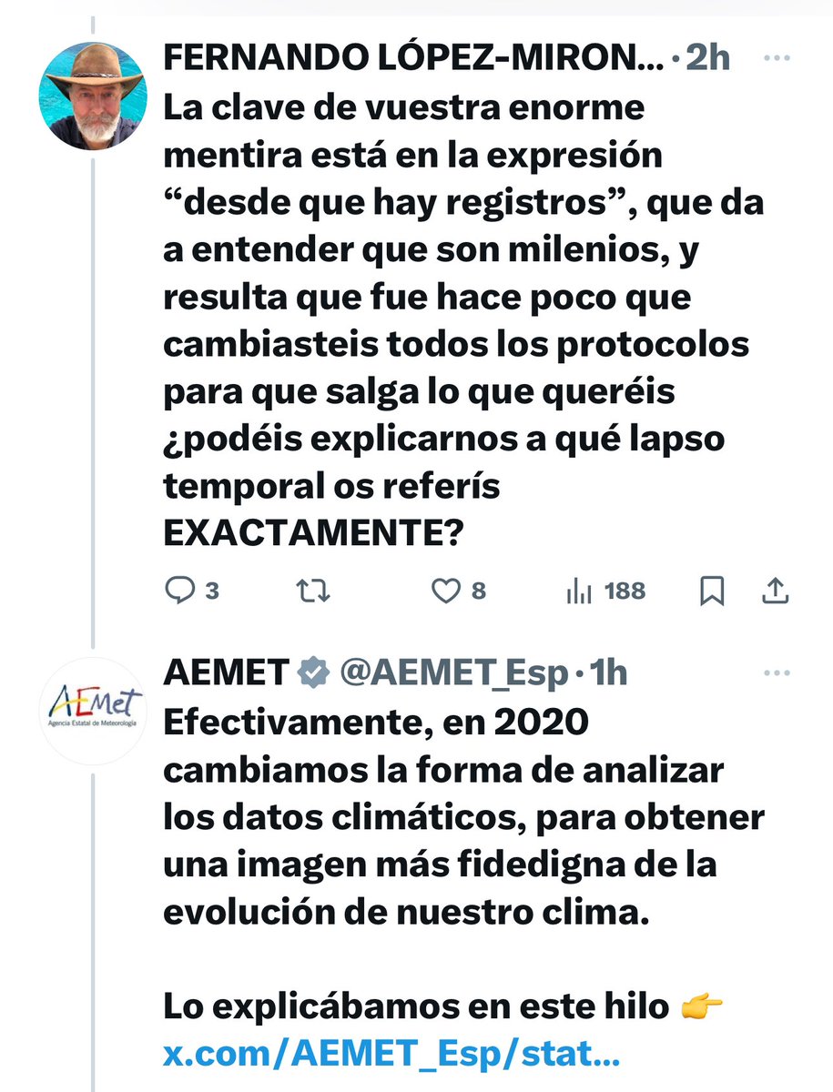 #MIRONEWS Es A CO JO NAN TE el descaro de la AEMET (Agencia Estatal de Meter Trolas). Miren lo que ha ocurrido esta mañana.
Apenas hay nada que añadir.
Cuando en los medios dicen la frase “DESDE QUE HAY REGISTROS”, hablan de solo ❌3 AÑOS ❌
Un aullido