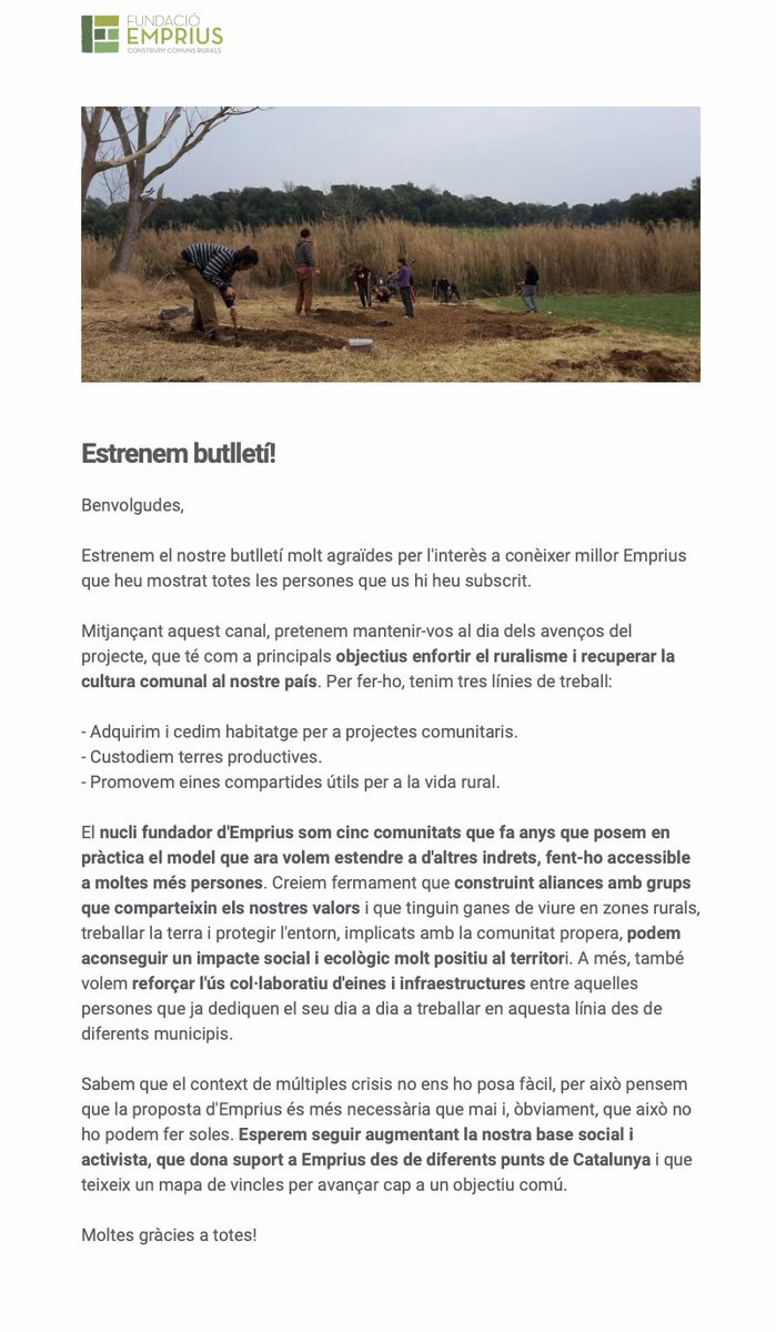 FundacioEmprius's tweet photo. Fa uns dies vam estrenar el nostre butlletí! Si voleu estar al dia de les novetats d'#Emprius, no dubteu a subscriure-us-hi: https://t.co/VUxExs0c88
🤩I fins que arribi el proper, us deixem l'enllaç al primer número enviat: https://t.co/riTI9eNAEN
#Comunalisme #Ruralisme https://t.co/U2IrUBkFY1