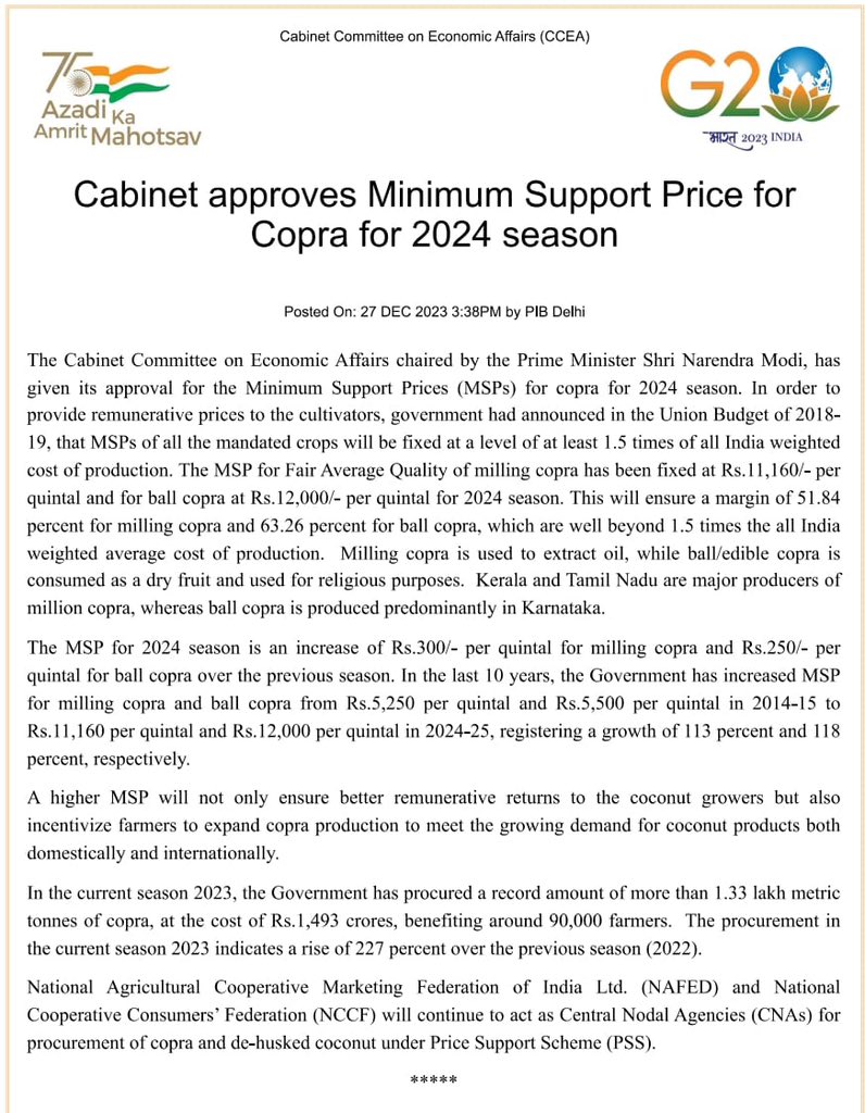 Heartfelt thanks to PM @narendramodi Ji for the transformative decision to increase Copra MSP. Now milling copra gets a boost of Rs.300/- per quintal, now at Rs.11,160, and ball copra sees a rise of Rs.250/- per quintal, hitting Rs.12,000. Back in 2014, it was just Rs 5250 for…