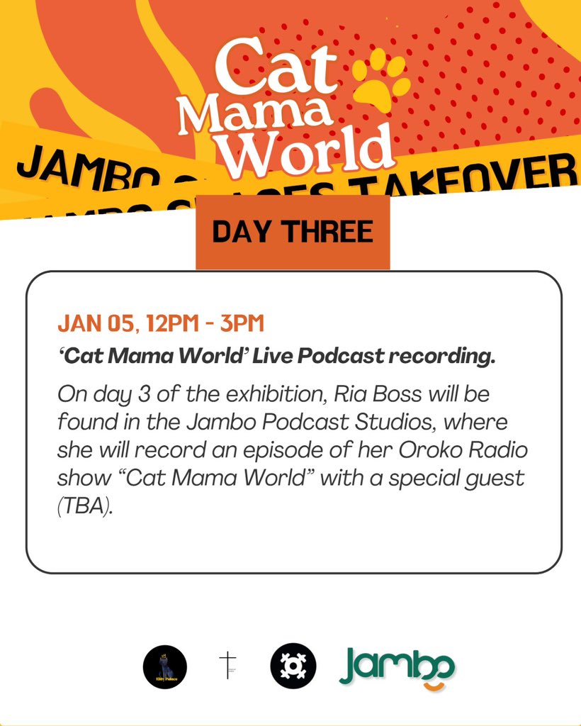 theriaboss's tweet photo. Jan 5th - On the final day of the takeover you'll be able to find me in the @jambospaces podcast space recording an episode of my @orokoradio show #CatMamaWorld with a very special kitten, I wonder who it could be? https://t.co/a4J0TR10fO