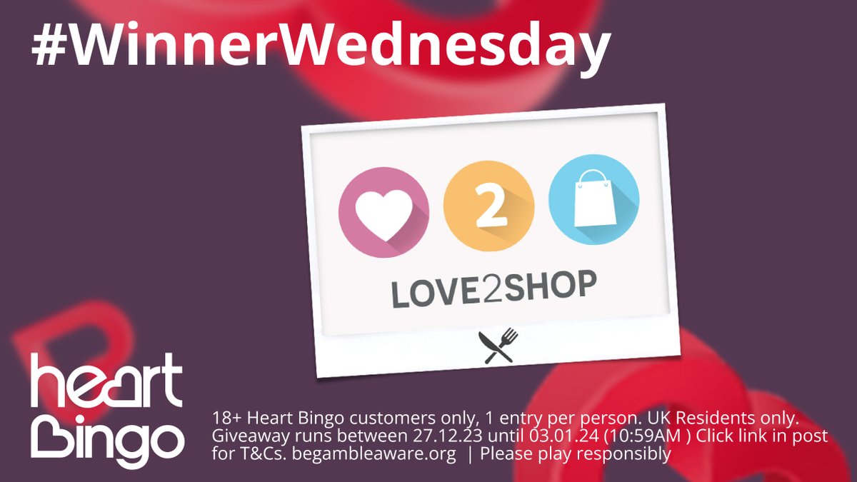 HeartBingo's tweet photo. #WinnerWednesday is here and we've got 5 x £10 Love2Shop vouchers to give away! Here's how: 
   
1. Like, Retweet &amp; tag a friend   
2. Winners picked 3rd Jan 2024.. Good Luck!   
 
Full T&amp;C's can be found here: https://t.co/k6NxkGH3o3

#competition #Win https://t.co/bfBUhteV88
