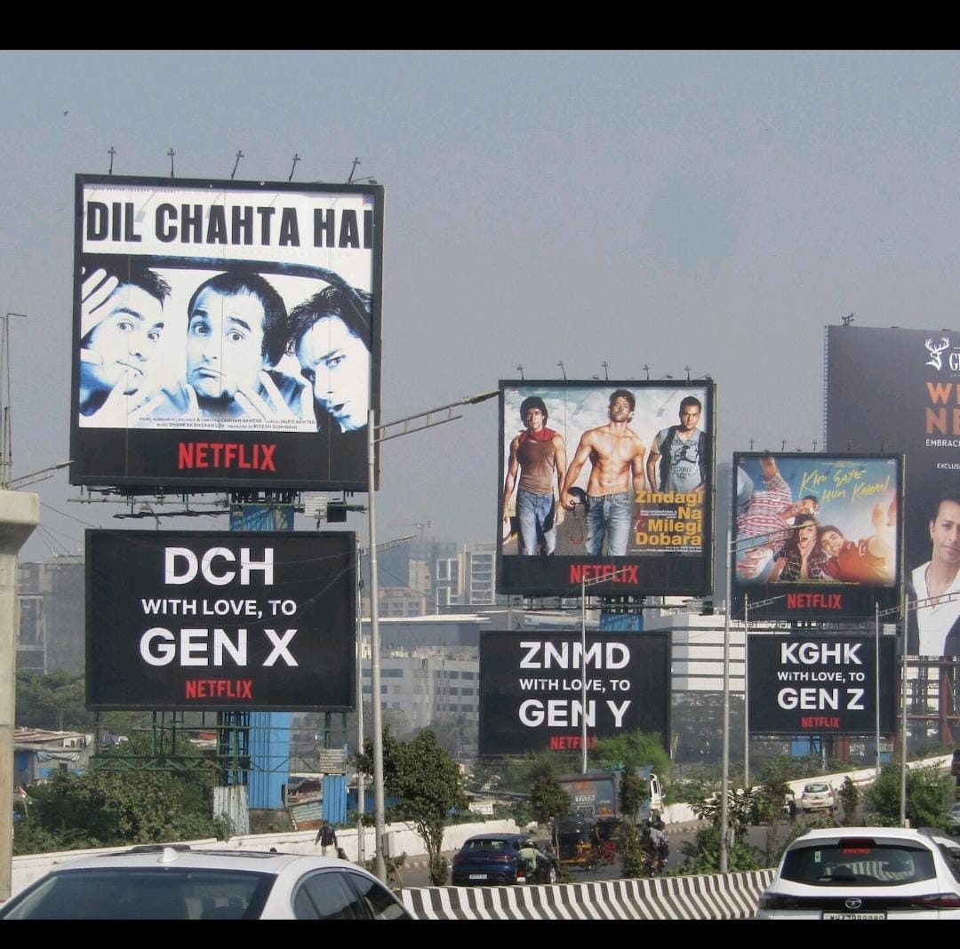 Gen X, Y, Z -@Netflix for all❤️

KGHK (Kho Gaye Hum Kahan) is the latest film launched on Netflix😎

@NetflixIndia | #AkashIyer 

#e4m #Netflix #DCH #ZNMD #KGHK #OOH #Billboards #OutdoorAdvertising #Marketing