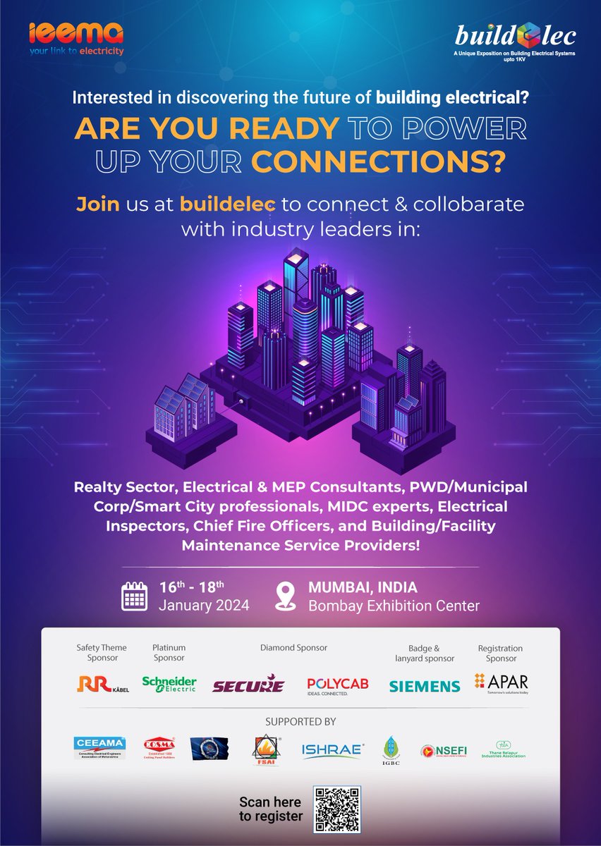IEEMA_Official's tweet image. Save the Date for #Buildelec 2024 – where innovation, collaboration, and boundless potential converge!

Connect with industry leaders, experts, and visionaries. Engage in the dialogue that moulds the future of our #cities and #structures. Together, let&apos;s construct the future!