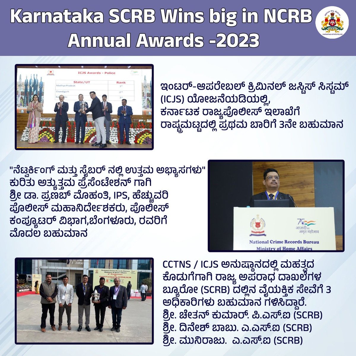 KarnatakaCops's tweet image. ಕೇಂದ್ರ ಗೃಹ ಸಚಿವಾಲಯ &amp;amp; @NCRBHQ ನೀಡುವ ವಾರ್ಷಿಕ-2023 ರ ಪ್ರಶಸ್ತಿ ಪುರಸ್ಕಾರದಲ್ಲಿ @KarnatakaCops ಘಟಕದ SCRB ವಿಭಾಗವು CCTNS &amp;amp; ICJS ಅನ್ನು ಅತ್ಯುತ್ತಮವಾಗಿ ಅನುಷ್ಠಾನಗೊಳಿಸಿದ್ದಕ್ಕಾಗಿ &amp;amp; ಪರಿಣಾಮಕಾರಿಯಾಗಿ ಬಳಸುವುದರಲ್ಲಿ ಒಟ್ಟು 5 ಪ್ರಶಸ್ತಿಗಳನ್ನು ಪಡೆದುಕೊಂಡಿರುವುದು ಎಲ್ಲರಿಗೂ ಹೆಮ್ಮೆಯ ಸಂಗತಿ.

#Pride2023 #Police